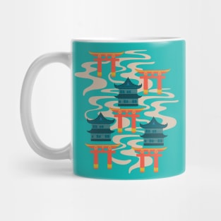 EDO Traditional Japanese Castles and Oriental Japan Torii Gates with Flowing River in Rainbow Palette Turquoise Orange Teal Yellow - UnBlink Studio by Jackie Tahara Mug